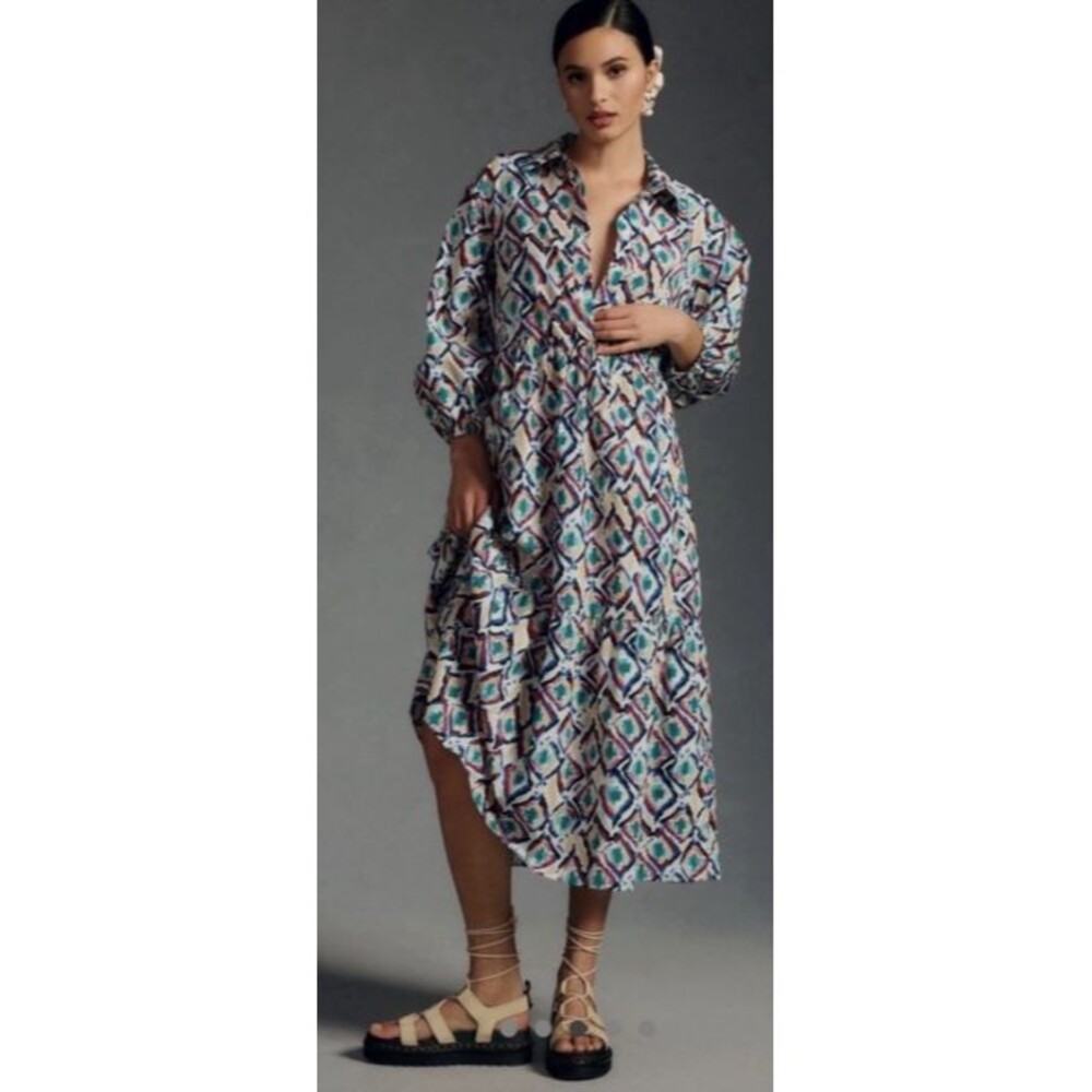 Maeve Anthropologie Bettina Tiered Shirt Dress XS Ikat Boho Maximalist Preppy